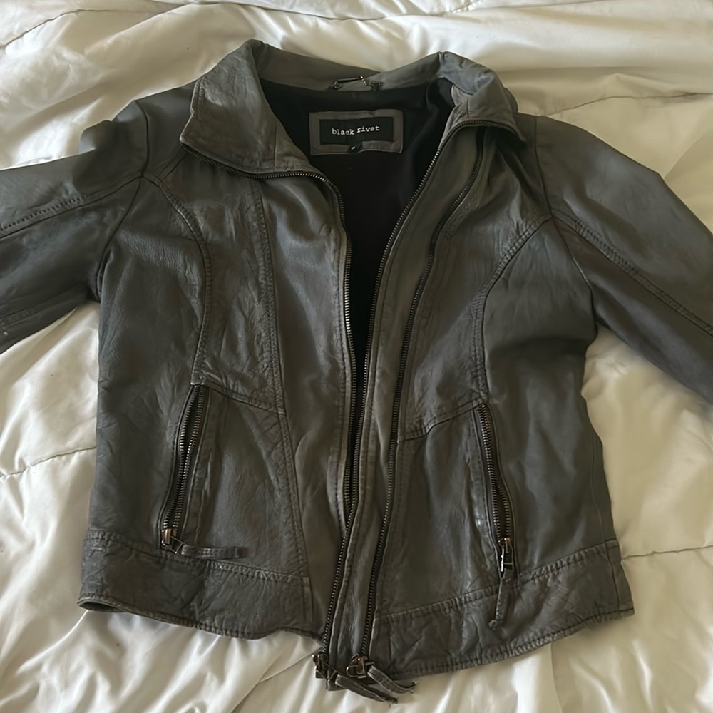 Black Rivet Gray Leather Jacket